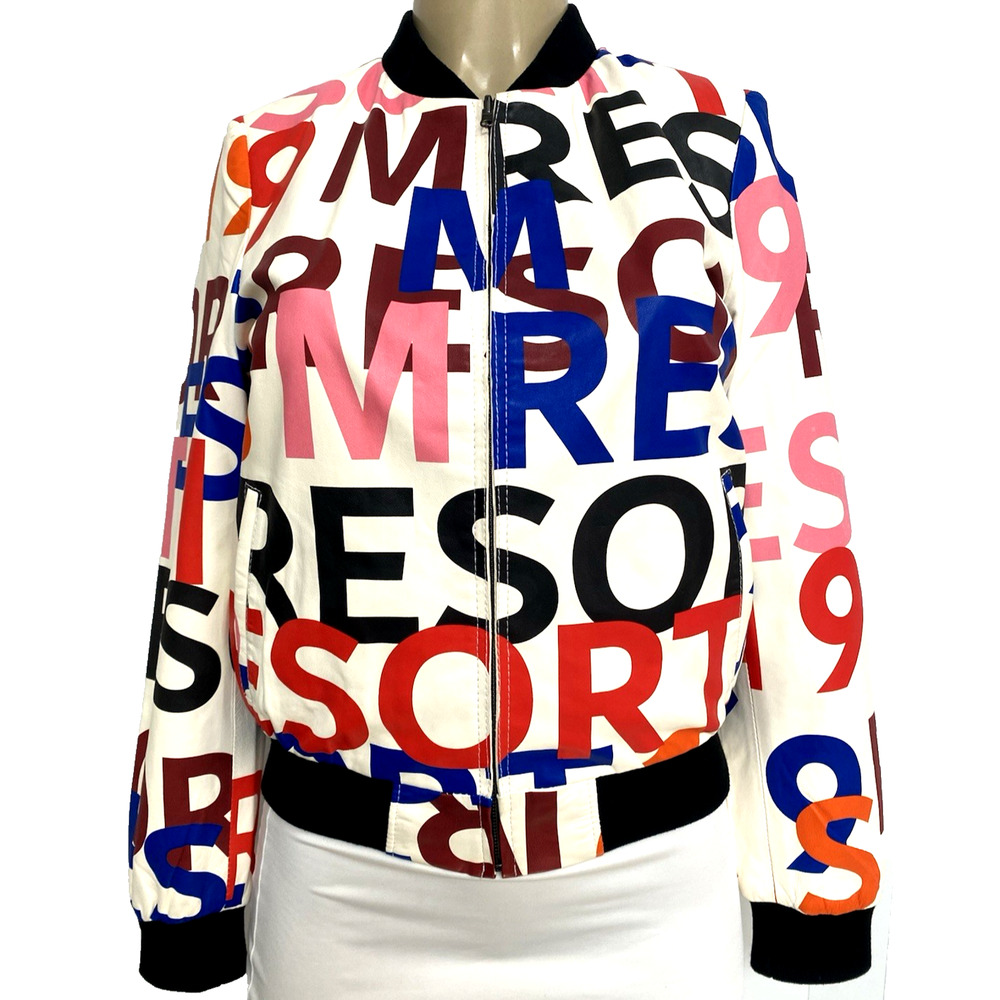 Kircilar Leather Bomber Jacket Reversible Front Zip Logo Print Pockets 38 S